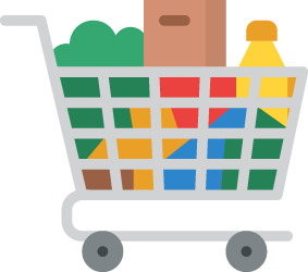 Icon of a shopping cart filled with food and water